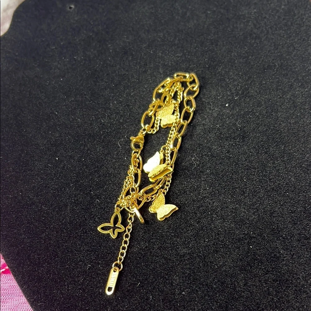 Premium 18K Gold Plated SS Double Chain Link and Butterflies Bracelet $49